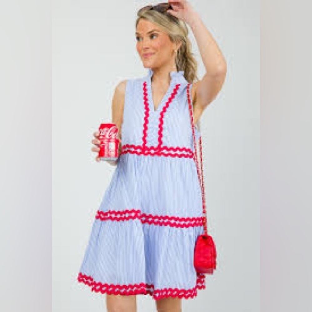 Kuraki Blue & White Stripe Dress w/ Red Ric Rac Trim | Sleeveless | Size S | NWT